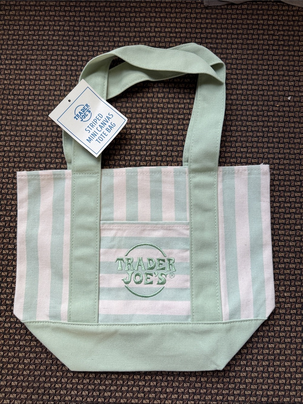 Trader Joe's Mint Green & Cream Striped Canvas Tote